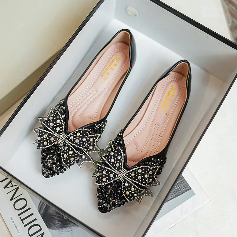 Women Flat Shoes 2024 New Pointed Toe Banquet Rhinestones Sequins Butterfly-Knot Wedding Shoes Female Single Shoes Zapatos Mujer