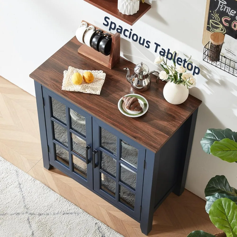 Large Sideboard Buffet Cabinet with Storage, Farmhouse Navy Blue Kitchen Coffee Wine Bar Cabinet with Glass Doors