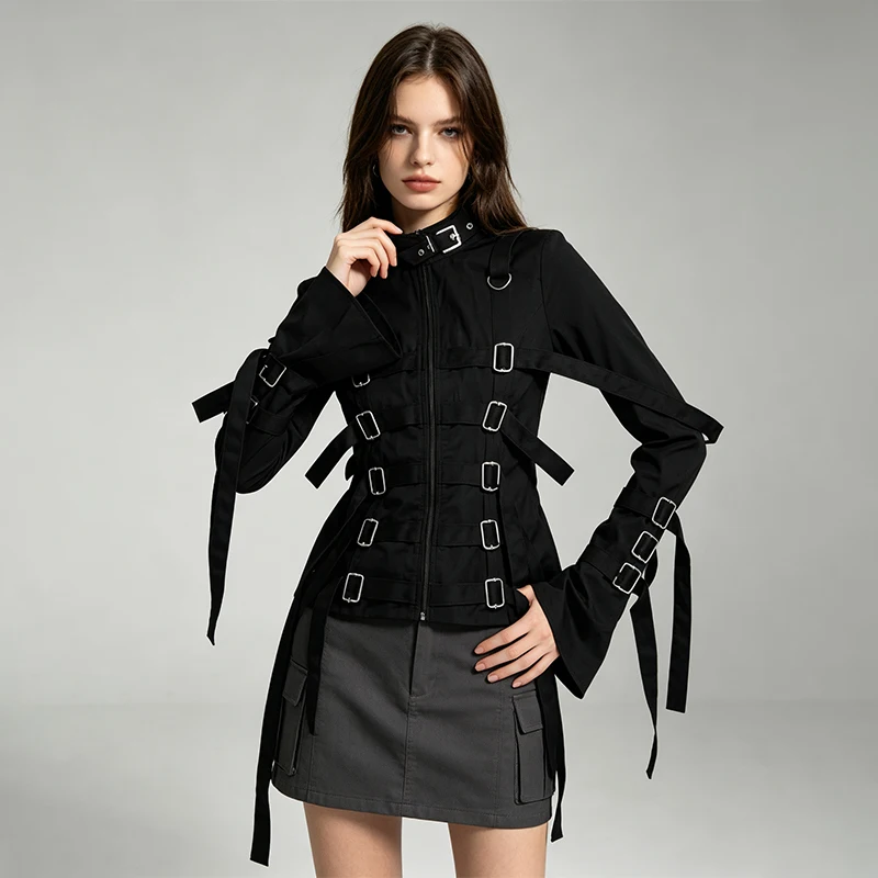Gothic Women's Short Jacket with Shoulder Strap Punk Metal Buckle Bandage Design Zipper Stand up Collar Long Sleeved Streetwear