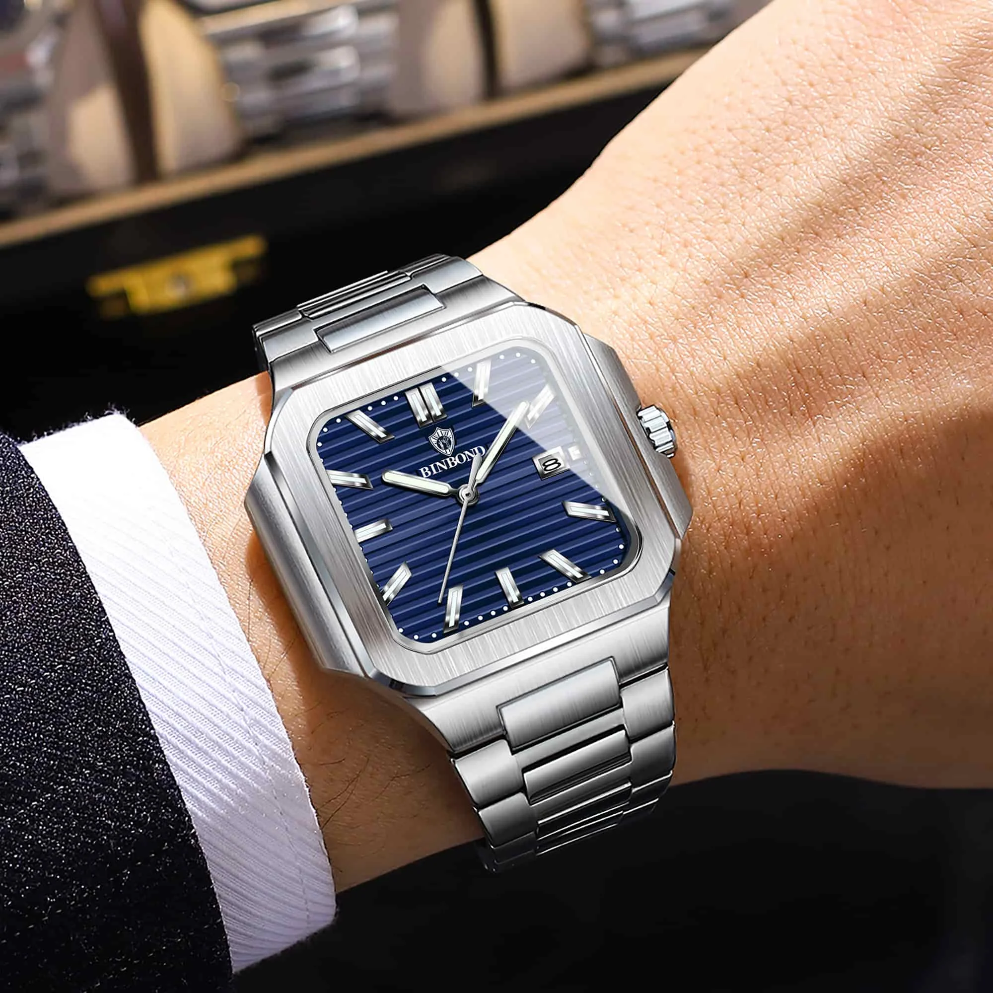 BINBOND Mode Mannen Horloge Lichtgevende Waterdichte Chronograaf Datum Man Horloge Vierkant Roestvrij Staal Quartz heren Horloges Reloj