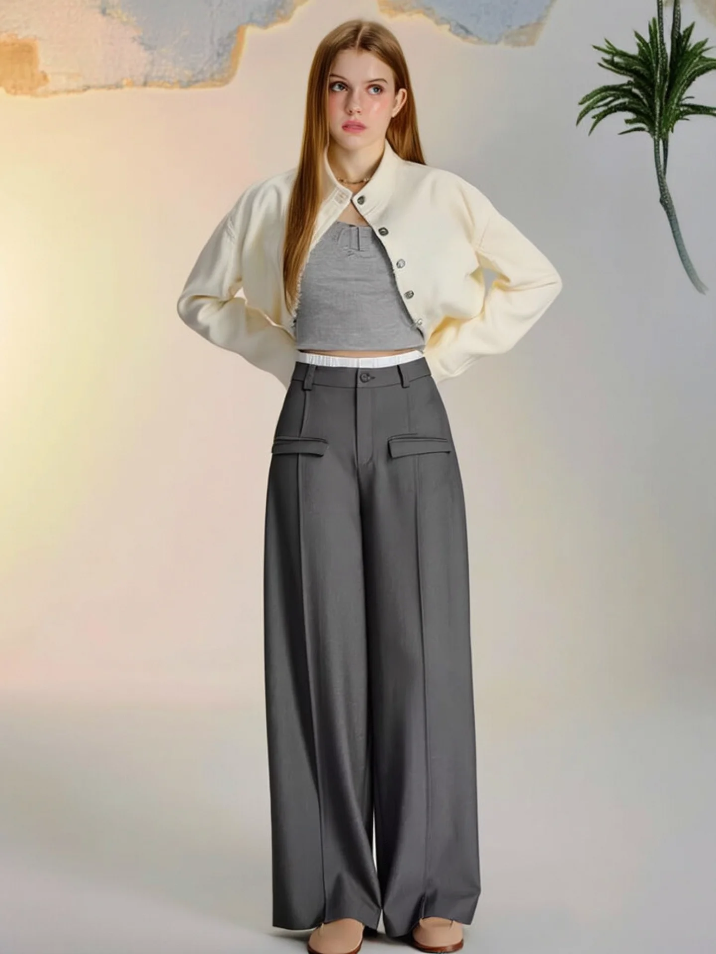 

HUAAPPUW Color Block Double Waist Casual Pants Draping Suit Pants High Waist Straight Leg Commute Style Summer New Arrival