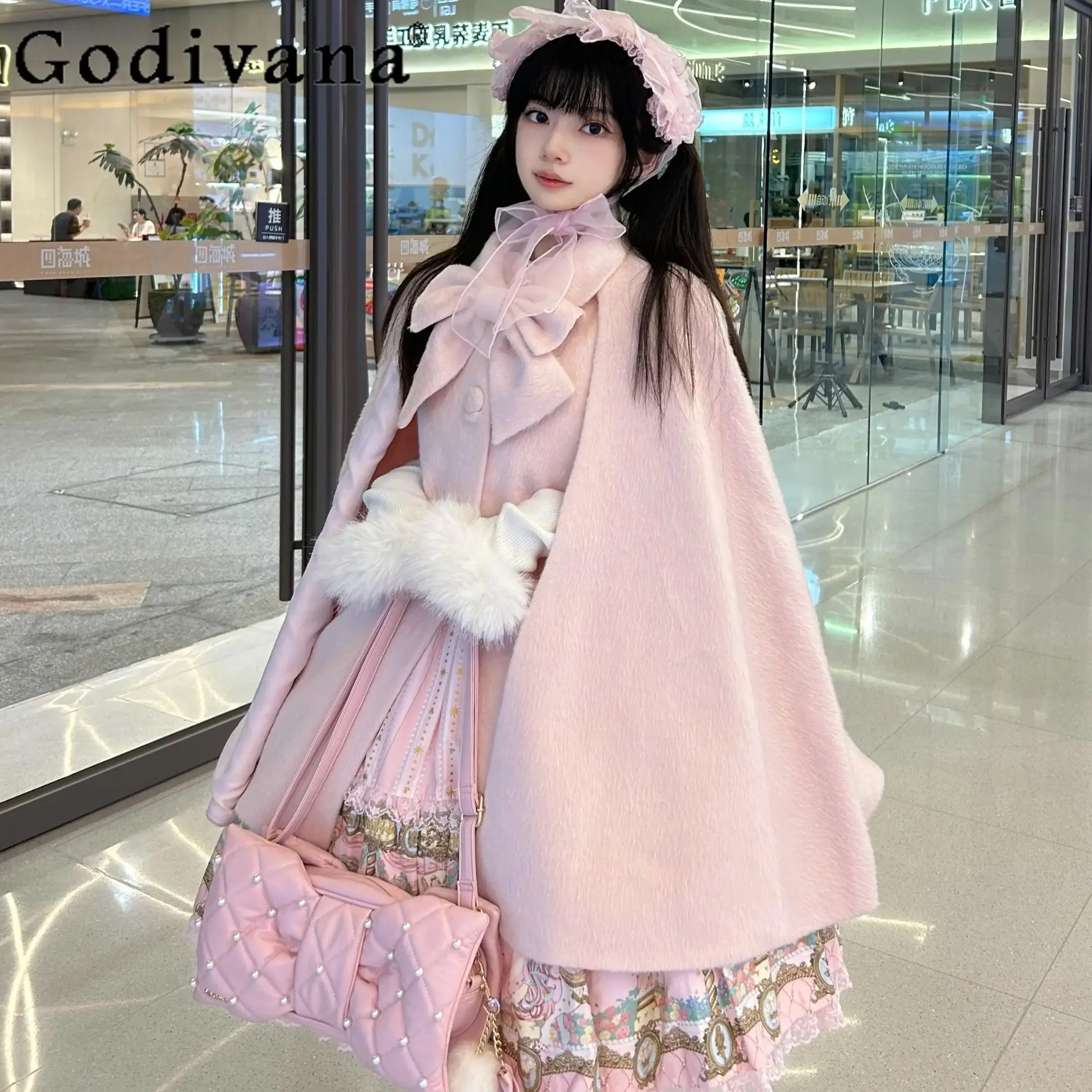 

Women's Pink Lolita Woolen Coats Bow Single-breasted Loose Sweet Cute Girls Cloak Ponchos Female Short Overcoat Autumn Winter