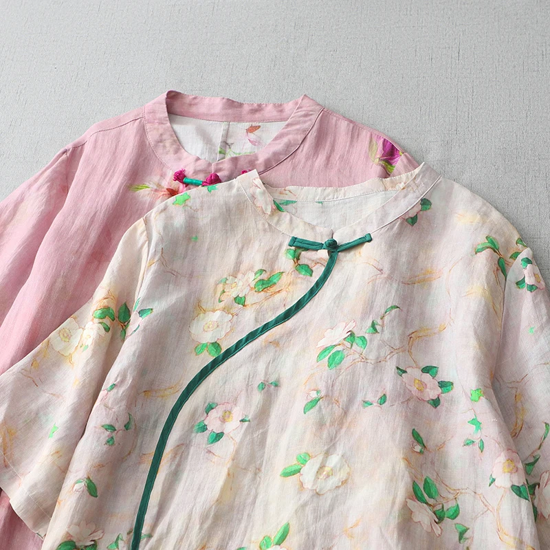 New Chinese Sle Cotton Linen Summer Dr High Waist ort Sve Printed Modified Version Split Color  Hanfu