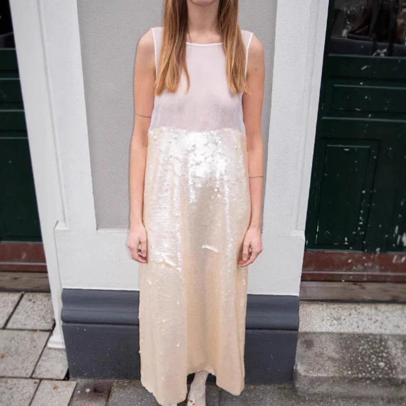 Elegantes Glitzer-Pailletten-loses Tank-Kleid, modisches Temperament, Patchwork, solides Bankettkleid, lässiges O-Ausschnitt, ärmelloses langes Kleid