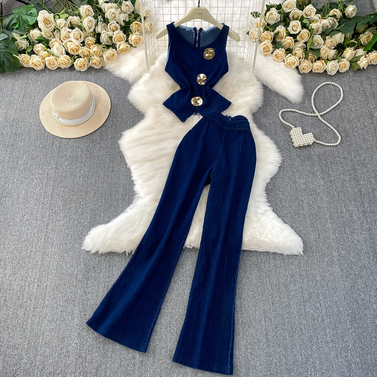 Denims 2 Piece Sets Women Vest Wide Leg Pants Jeans Suit Sleeveless Washed Streetwear Vintage Summer Waistcoat Trousers Outfits