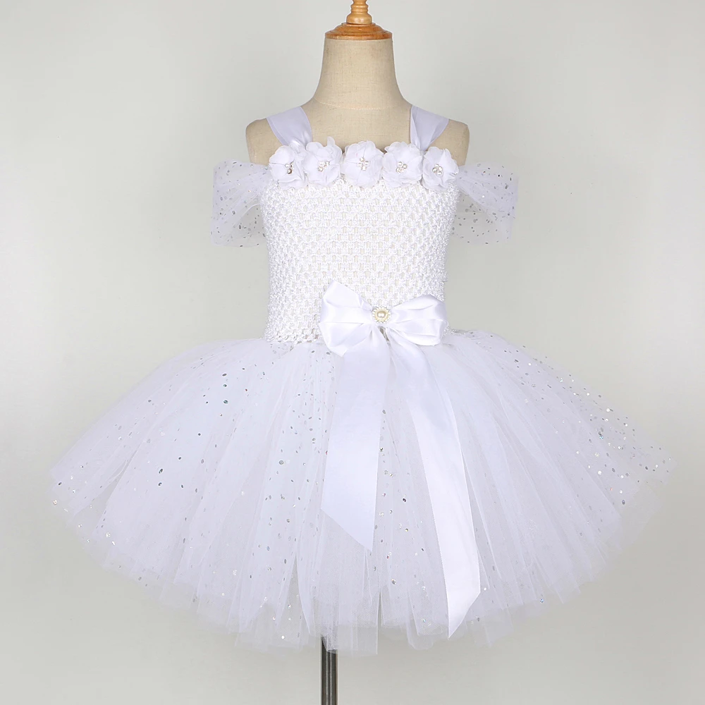 Sparkling White Angel Costumes for Girls Christmas Halloween Dress for Kids Flower Fairy Tutu Outfit with Wings Set Girl Clothes