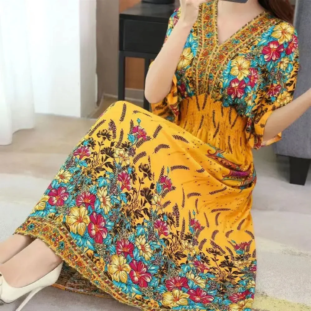 Boho Chic Short Sleeve Dress Slash Neck Elegant Women Dress Vintage Romantic Print Midi Dress Holiday Dress New Clothes Trend