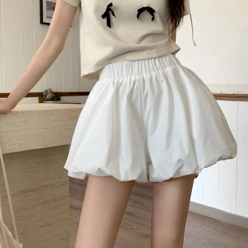 Pantaloncini da donna eleganti boccioli di fiori larghi a trapezio pantaloncini soffici a gamba larga pantaloni lanterna in vita elastica abbigliamento donna stile coreano