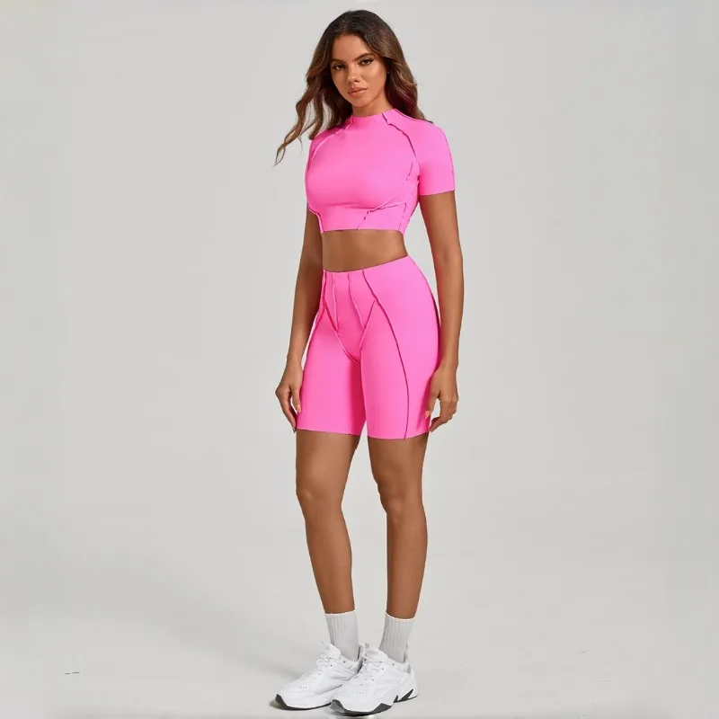 

Женский комплект для йоги телесного цвета, шорты с короткими рукавами, боди для бега, фитнеса, спортивный комплект, облегающий костюм с высокой талией и подтяжкой бедер