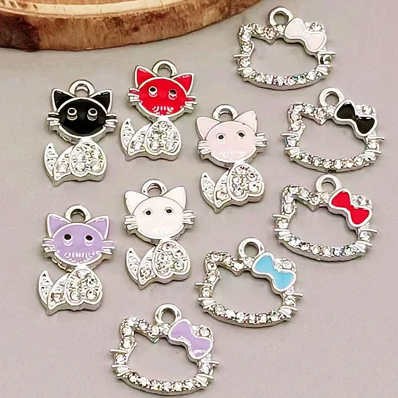 10pcs Lovely Crystal Cat Charms Gold Silver Plated Kawaii Kitten Rhinestones Pendants for Necklace Earrings Handmade Jewelry DIY