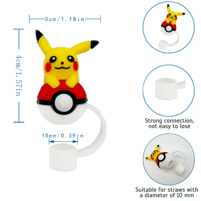 6pcs Kawaii Pokémon Pikachu ฟางฝาครอบสําหรับถ้วยสแตนลีย์นํากลับมาใช้ใหม่ 10 มม.ซิลิโคนฟาง Topper ใช้งานร่วมกับ 30 และ 40 oz Tumbler