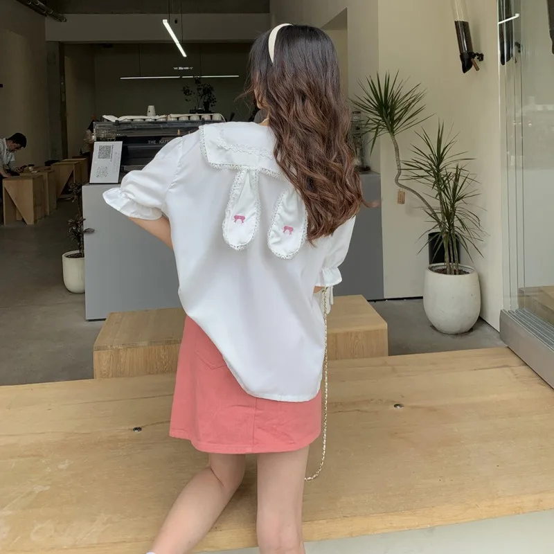 Solid Peter Pan Collar Shirts Women Summer Lovely Students Bow Fungus Side Design Fashion Korean Style Gentle Leisure Daily Chic