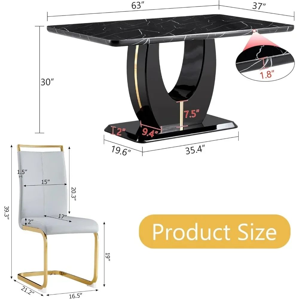 63 "Set meja makan untuk 6", Set meja dapur dari 6 kursi berlapis kain kulit PU, Set meja makan, Set meja marmer imitasi