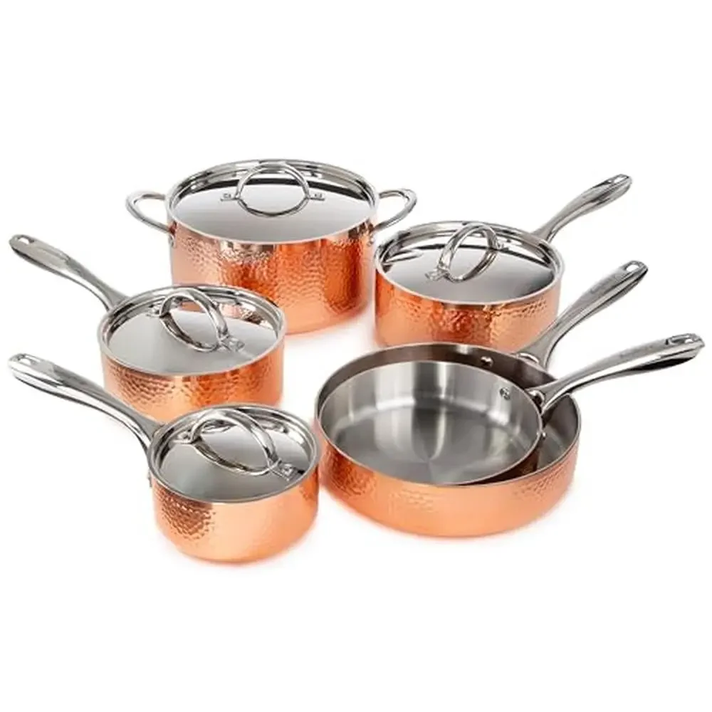 Vintage Copper Stainless Steel Cookware Set Matching Lids Hammered Ergonomic Handle Triple-Ply Gold