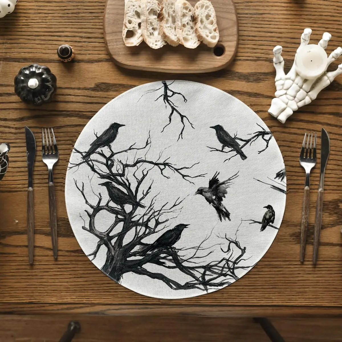 Silhouette Tree Crows Halloween Round Placemats Set of 4, 14 Inch Fall Round Table Mats for Dining Decoration