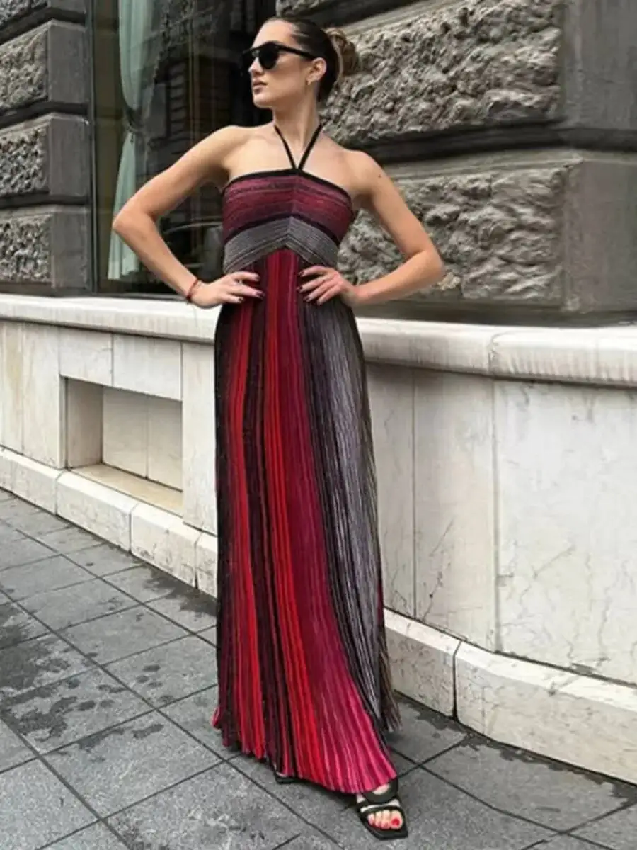 

Women Metallic Sequined Striped Halter Neck Sleeveless Maxi Long Dress Fashion Tank 2025 New Dresses Red Robe HJU8