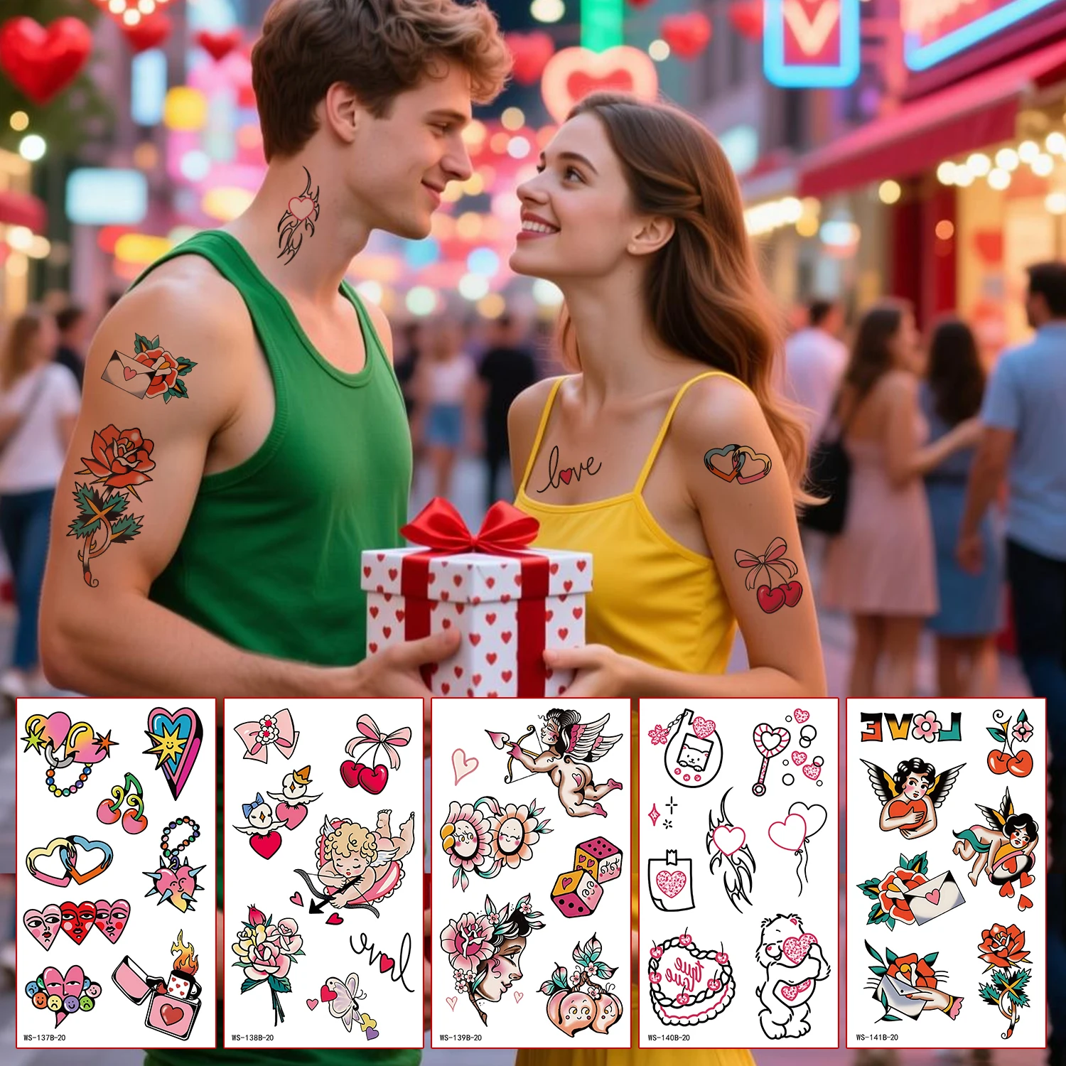

20pcs Cartoon Cupid Of Love Disposable Temporary Tattoos Sexy Red Lips Pink Love Tattoo Stickers Couples Colorful Body Stickers