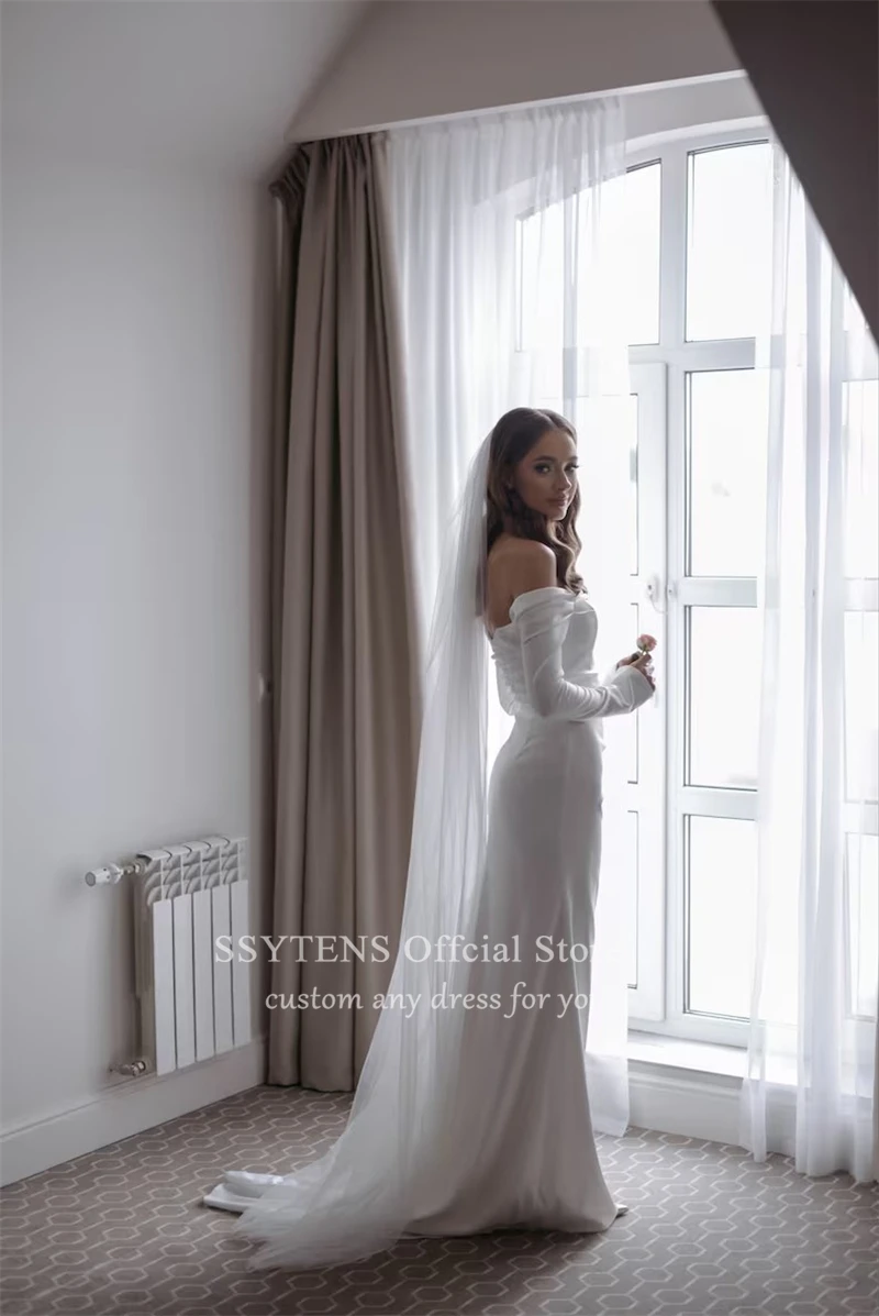 Elegant Soft Satin Wedding Dresses with Long Sleeves Off The Shoulder Mermaid Bride Dress Woman Ceremony Civil Bridal Gowns