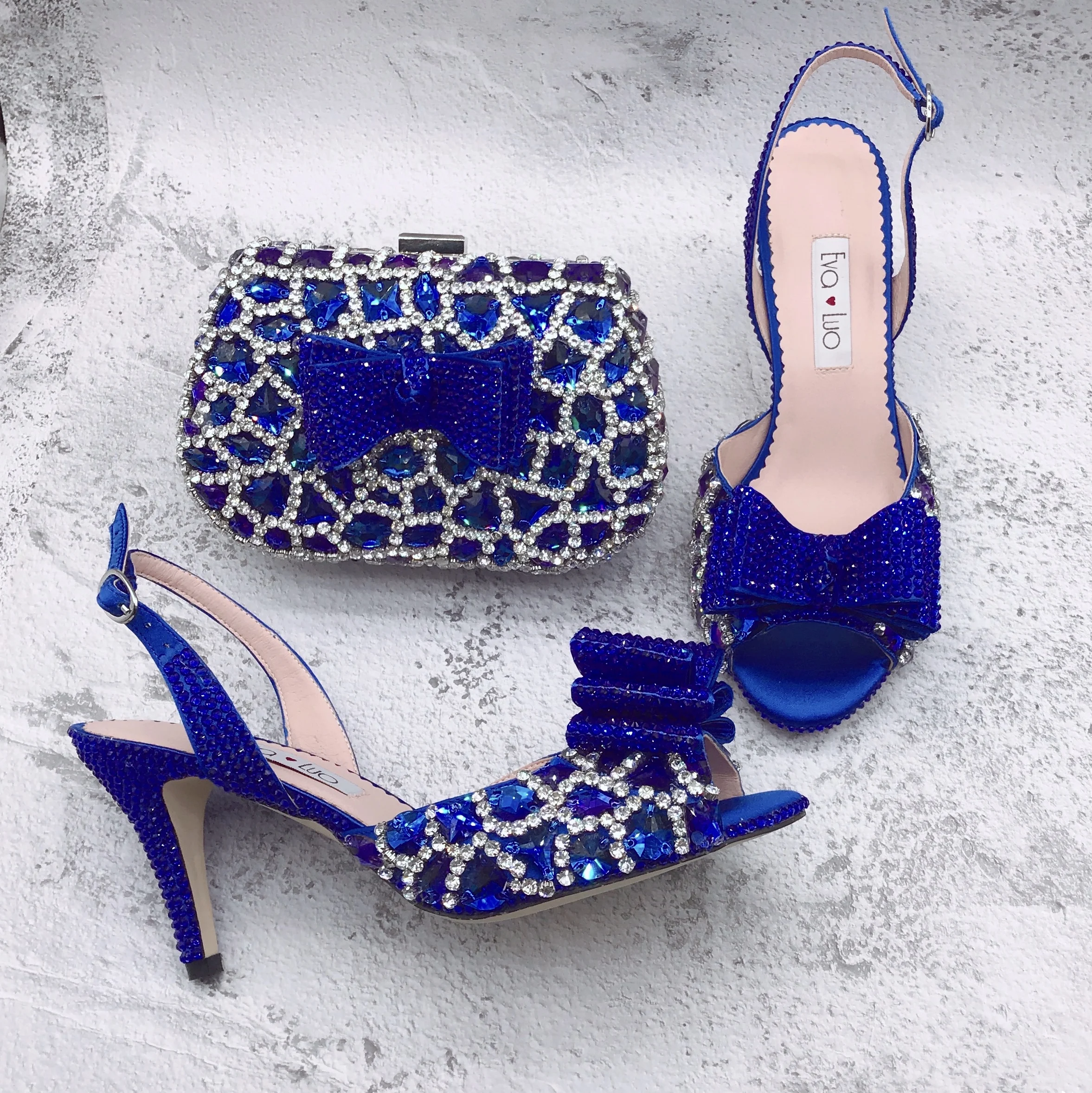 BS1657 Customizable Various Heel Height Women Bridal wedding Shoes Royal Blue Crystal  Shoes with Matching Bags Set