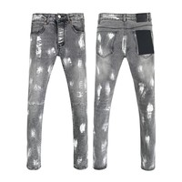 Purples Men Jeans Fashion American High Street Retro Wash graffiti Paint pattern Hole Repair Low Rise Stretch Skinny Jeans Brand