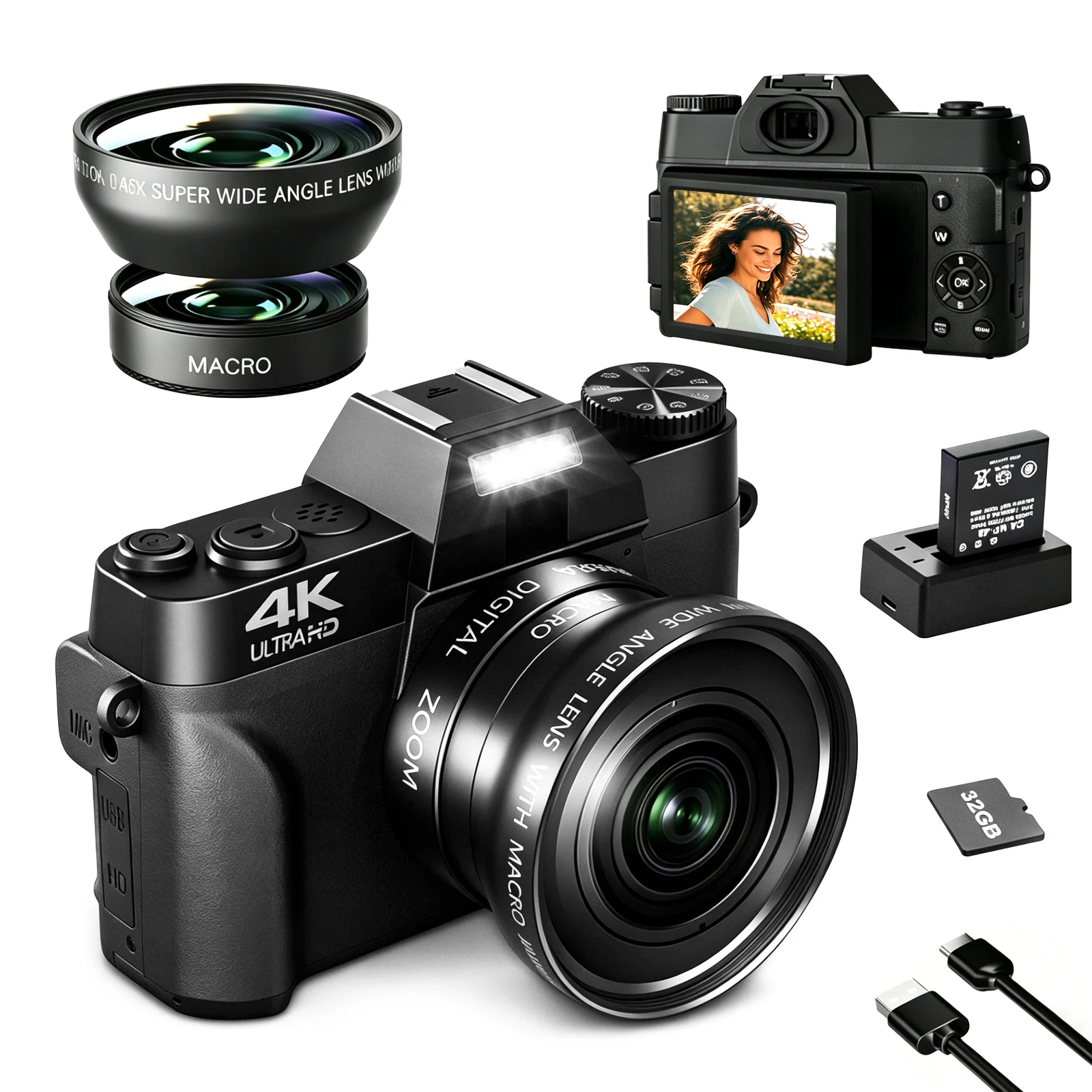 Demann Digitalkamera 4K 48 Megapixel 16-facher Autofokus & Digitalzoom 3 Zoll 180° klappbarer LCD-Bildschirm HDMI Anschluss Kompakte Vlog Kamera WLAN Funktion 1500 mAh Akku 32GB Speicherkarte für