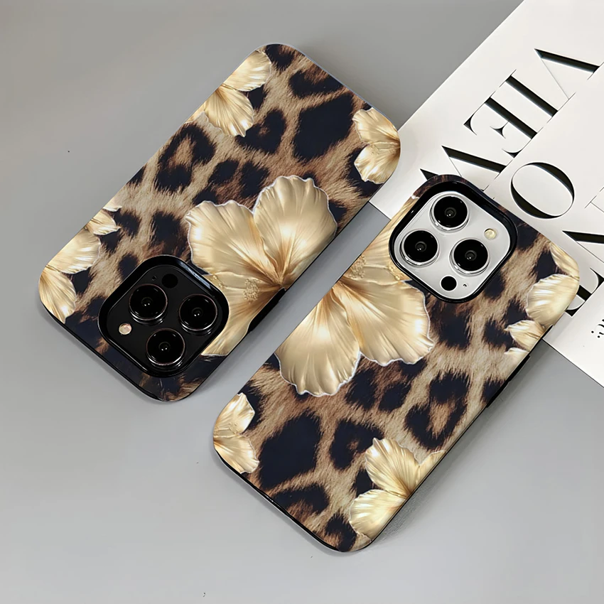 Coque de téléphone Double pour Iphone 17 16 15 14 13 Pro 12 11 Max Plus 17Pro, étui de téléphone imprimé léopard à fleurs peintes, housse de doublure en Tpu