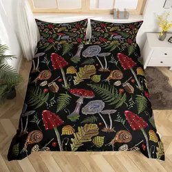 Mushroom Duvet Cover Set Burgundy Plant Fallen Leaves Bedding Set 2/3pcs for Kids Snail Print King Size Soft Comforter Cover