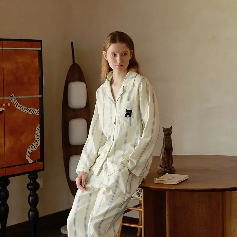 

Elegant Women's Sleepwear Set Cotton Striped Loungewear Long Sleeve Button Front Pajamas with Cat Embroidery Autumn Homewear