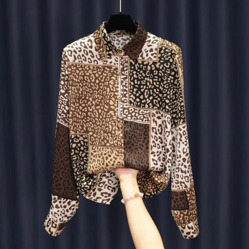 2022 primavera novo leopardo retalhos impressão de cetim camisa feminina estilo coreano polo pescoço manga comprida blusas elegante moda casual topo