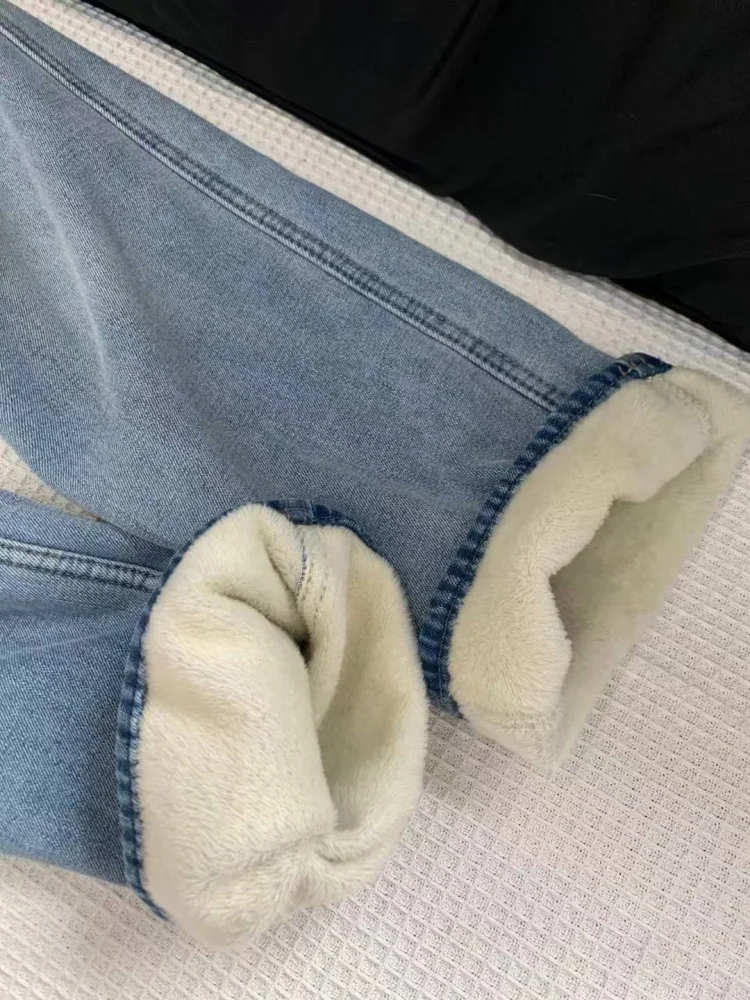 بالإضافة إلى حجم Fce اصطف ثي الدنيم السراويل النسائية الخريف الشتاء عالية الخصر مستقيم الساق الطابق طول السراويل الدافئة #2