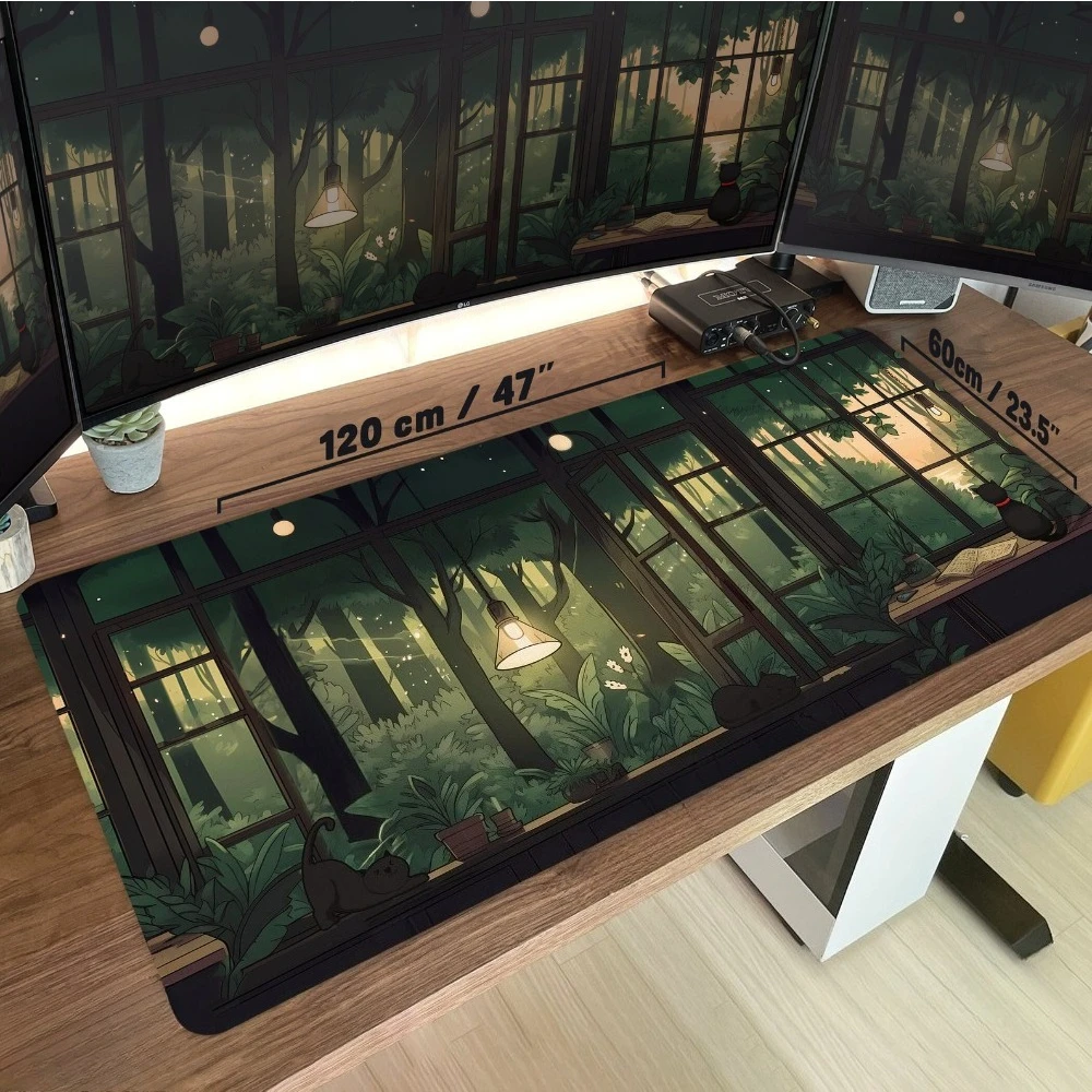 Tapis de bureau Lofi esthétique, tapis de souris confortable et mignon, tapis de jeu étendu, vert cottagecore dark academia, tapis de souris motif chat