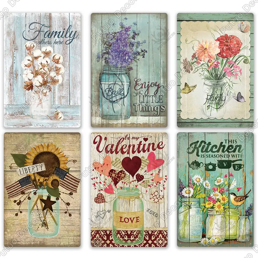 Putuo Decor Mason Jar Flower Vintage Tin Sign Retro Sunflower Metal Signs for Farmhouse Decor Home Garden Living Room Wall Decor