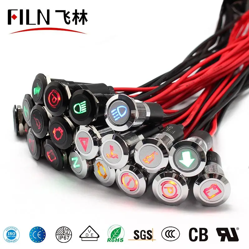 FILN 12mm Waterproof Lamp  12V LED Car Boat LED Warning Dashboard Signal Lights Instrument Pilot light Black Chrome finished