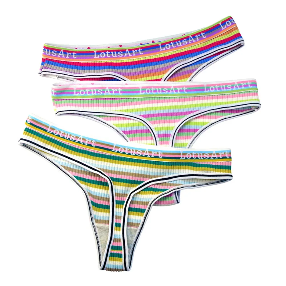 

Cotton Crotch Rainbow Letter Panties Sweet Knitting Patchwork Stripe Bikini Briefs Low Waist Underwear Women Classic Thong Girl