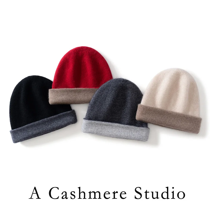 

100% High Quality Cashmere Hat Unisex Winter Casual Knitting Seamless Double-layer Warm Hat Female/Male Color Matching Cashmere
