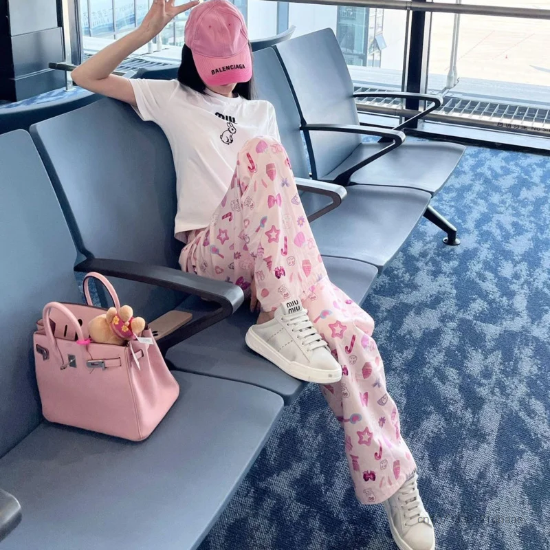 Korean Style Cartoon Pink Wide Leg Pants For Women Spring Summer Drawstring Loose Trousers Y2k Female Sweet Full Printed Pants