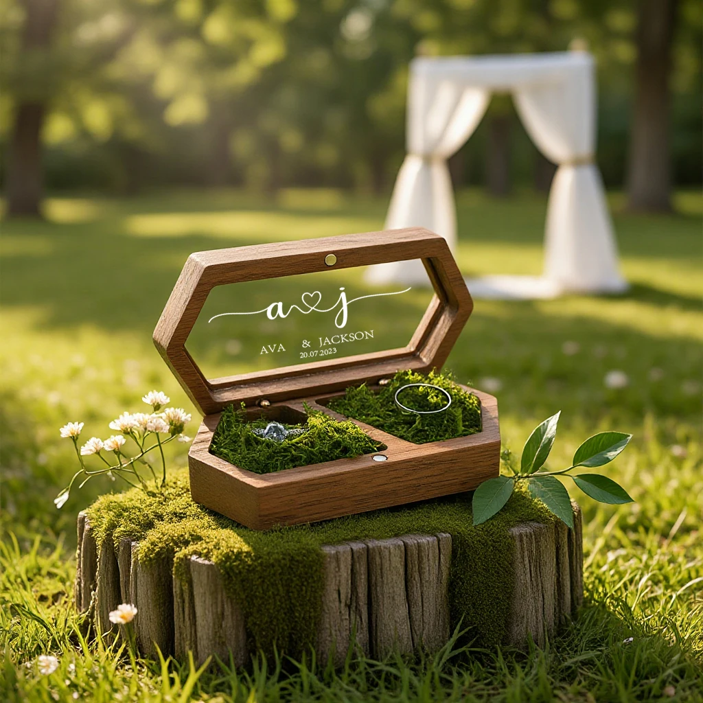 

Hexagonal Wooden Jewelry Box with Clear Lid Double Slot for Ring/Earrings Personalized Engagement Wedding Gift Ideal for wedding