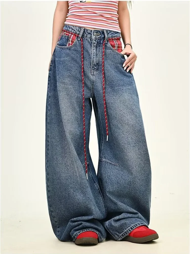 

2025 г., американские ретро Y2K, модные клетчатые лоскутные мешковатые джинсы, брюки для женщин, одежда, широкие женские джинсовые брюки, Pantalon Femme