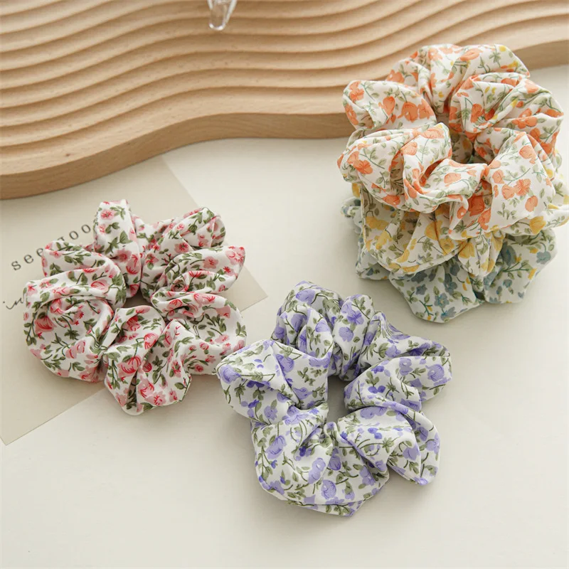 Korean Fashion Spring Print Floral Hair Ribbons Scrunchies Flower Elastic Hair Bands Hair Rope Women Girls Hair Accessories