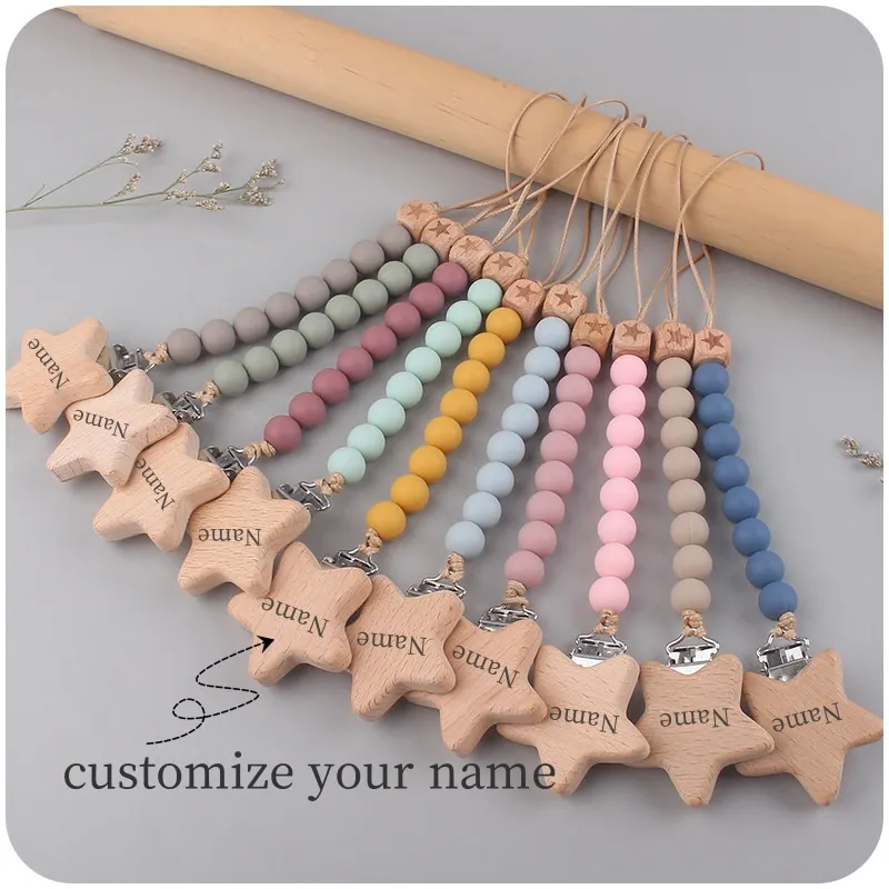 Custom Name Silicone bead star pentagram Pacifier Clip Wooden Engraving Baby Dummy Holder Chain Silicone Chain Personalized