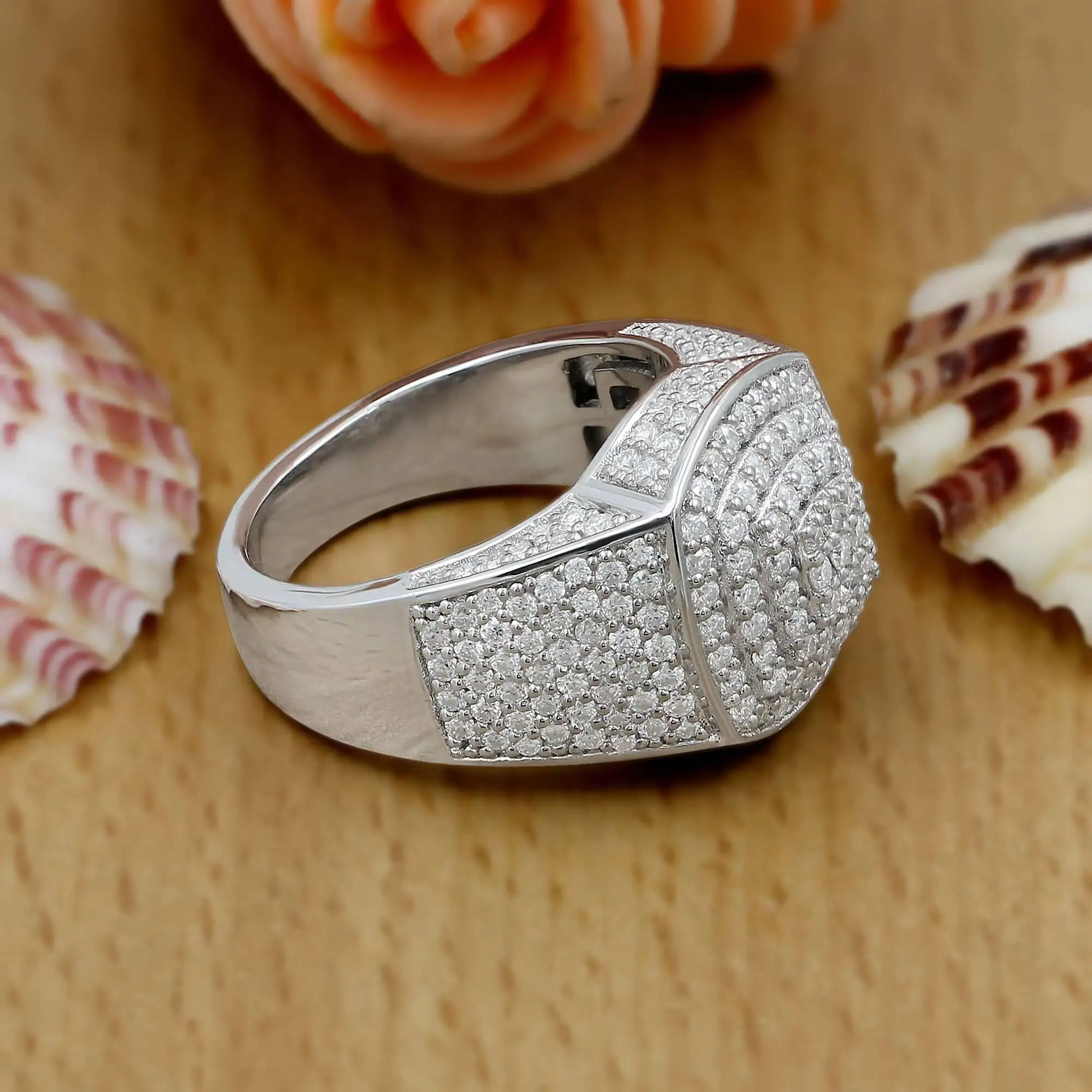 Big Moissanite Iced Hip Hop Ring for Men Rhodium Plated Micro Paved Synthetic Diamond Hollow Wedding Jewelry Gift Him Boyfriend