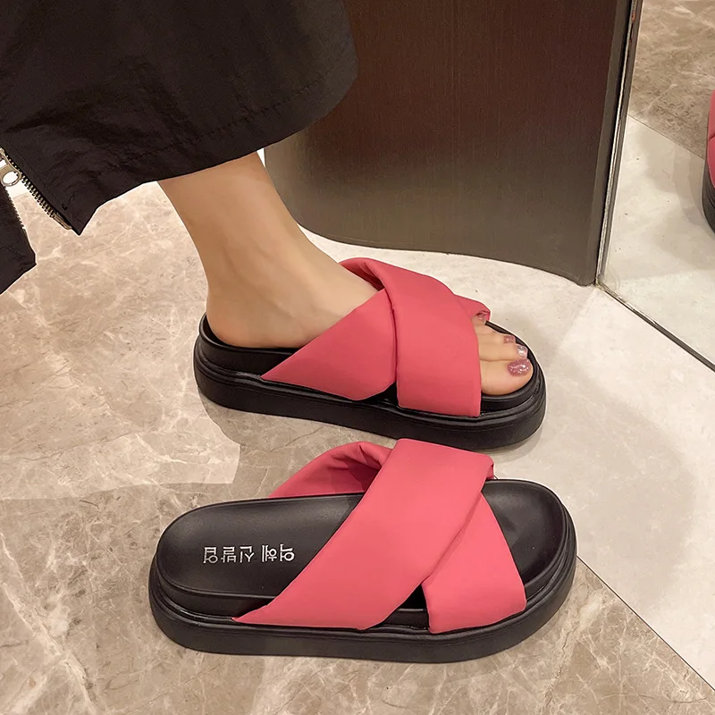 Comemore Platform Cross Strap Slippers Women 2024 Summer New Fashion Shoes Flat Bottom Height Increase Ladies Sandals Slides