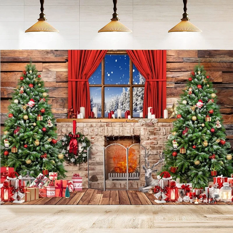 Photography Backdrop Christmas Fireplace Wood House Windows Xmas Tree Gifts Family Holiday Background Party Backdrop Wall Banner