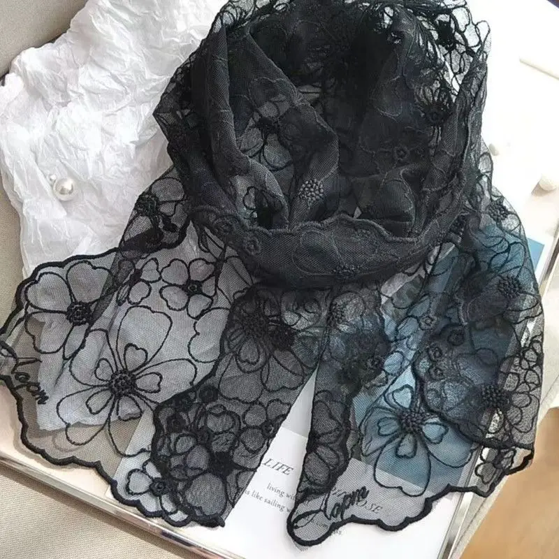 ربيع صيف جديد الدانتيل كشكش وشاح حريري المرأة مستطيلة أسود اللون وأبيض اللون رقيقة تنوعا وشاح الزخرفية