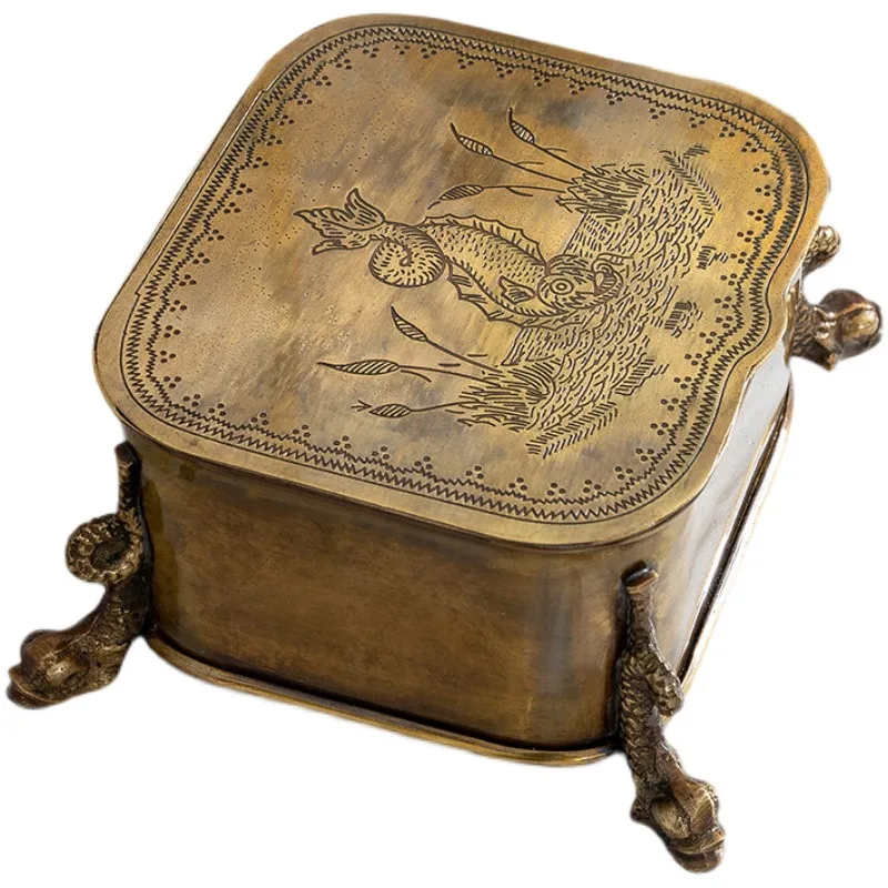 

Cosmetic Jewelry Box Antique Brass Carved Four Legs Bathroom Storage Organization Tea Table Decoration Candy Box Indian Style