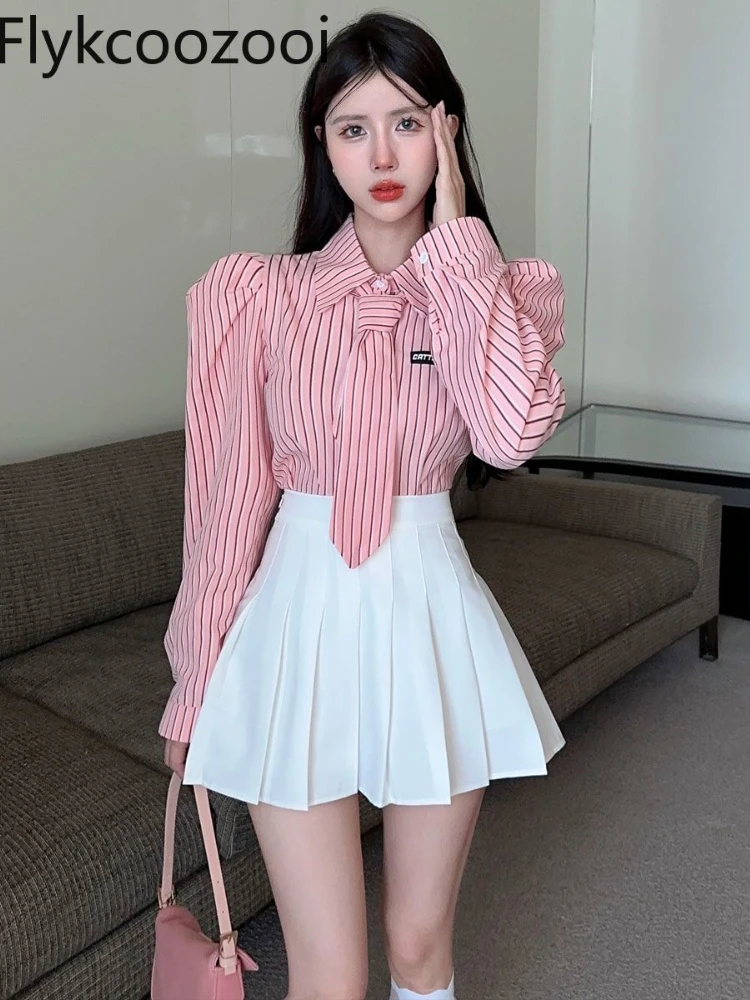 Korean School Style Striped Shirt Slim Design Style Retro Fashion Long-sleeved Top + Pleated Skirt Suit Conjuntos De Falda