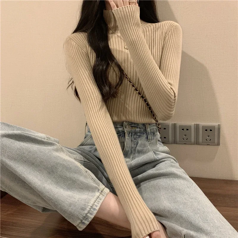 Dolcevita spesso coreano pullover da donna a maniche lunghe sottile 2025 maglione autunno inverno lavorato a maglia maglione versatile tinta unita femminile