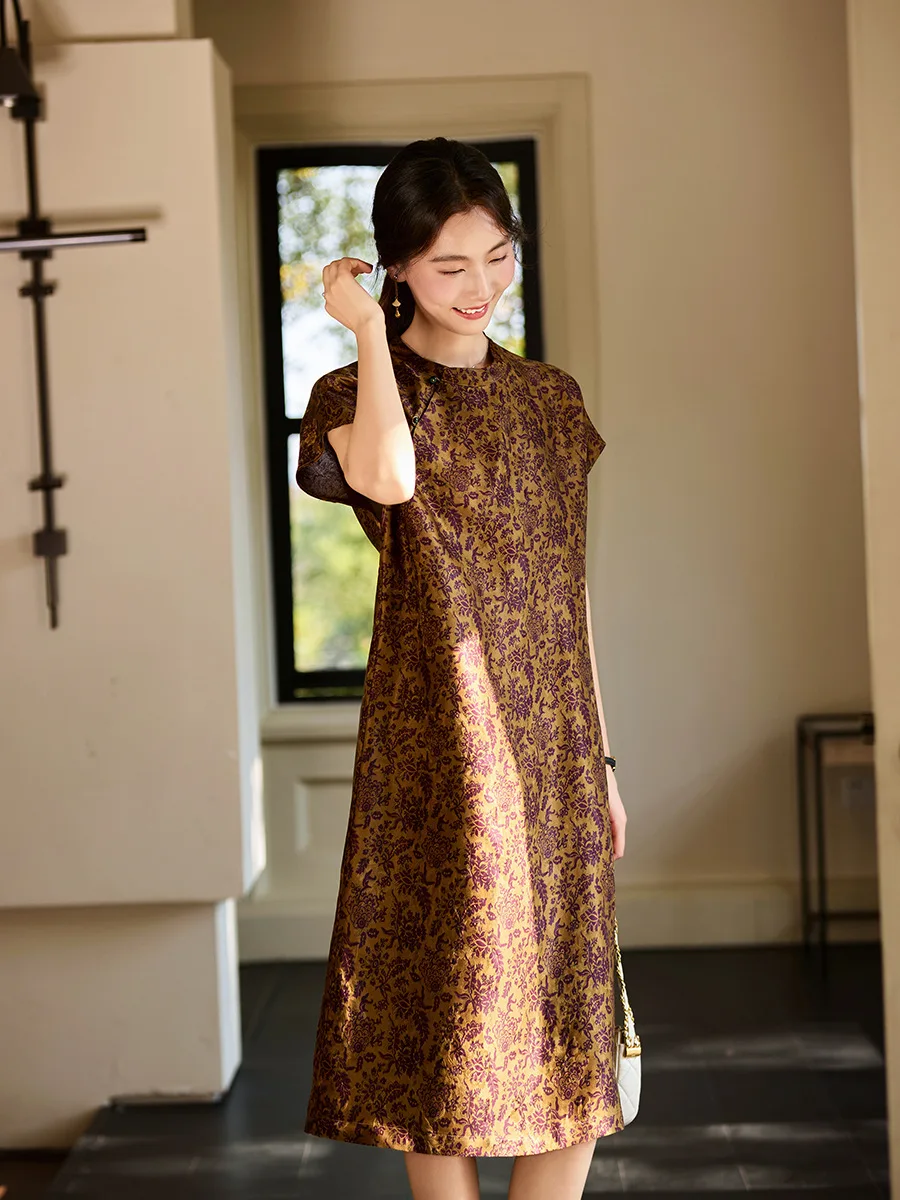 Winsleter-100%Real Silk Watered Gauze Elegant Dress, Short Sleeve Print, Women Retro Temperament Dresses, 2026 Summer D64714CC