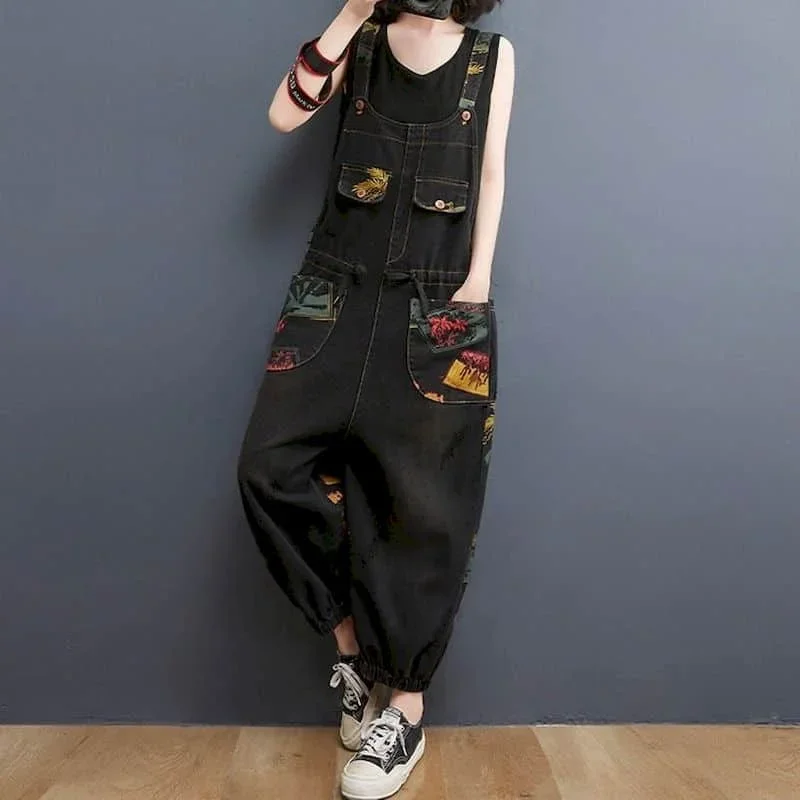 Macacões jeans para mulheres estilo coreano vintage playsuits casuais calças cruzadas calças soltas macacão de grandes dimensões para roupas femininas