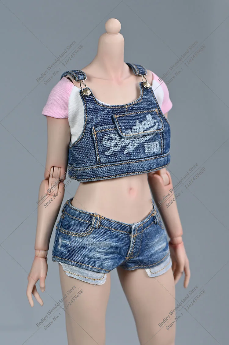 1/6 Fashion Women's Washed Denim Letter Printing Dew Waist Strap Vest Leg Warmer Pocket Shorts Pant For 12